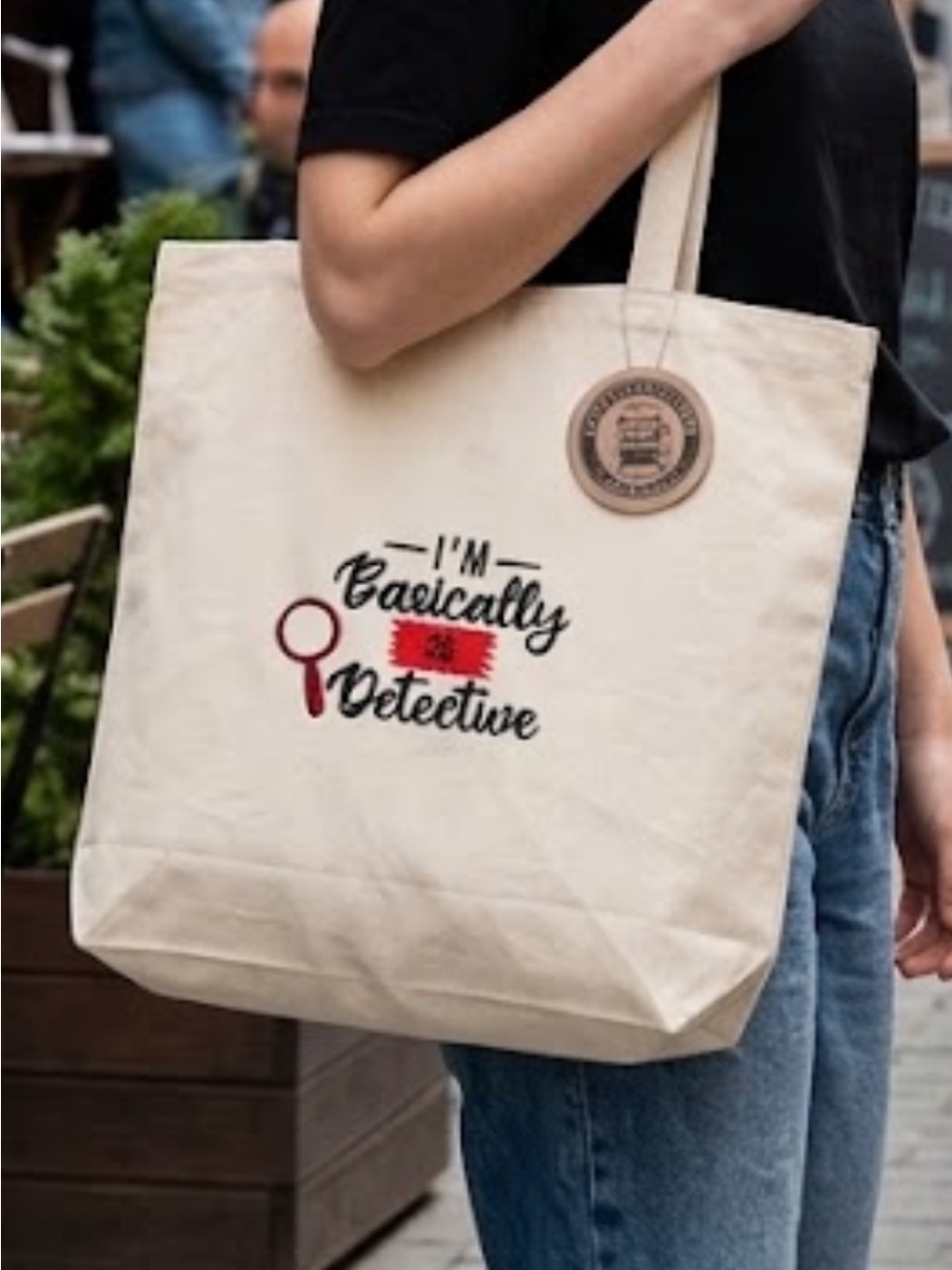 Cream Canvas Tote Bag with 'I'm Basically Detective' Print